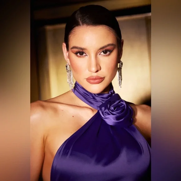 Ferina Halter Flowers Sleeveless Bright Surface Maxi Dress - Picture 5 of 6